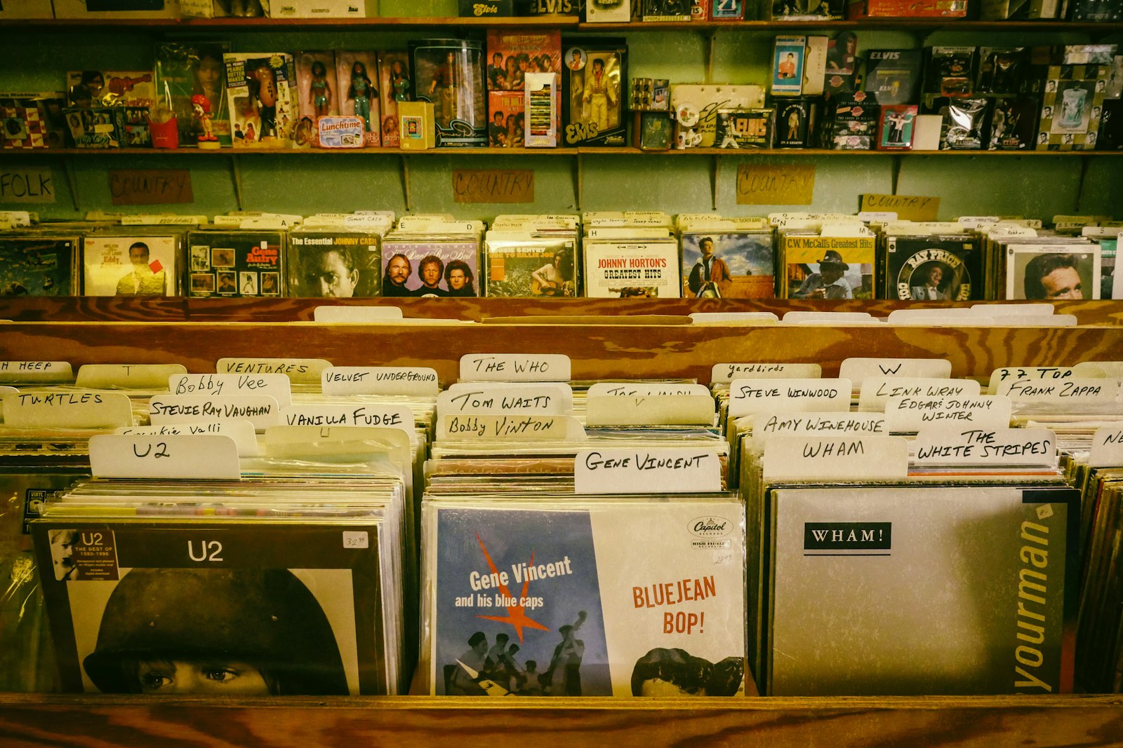 Record bins with hand-lettered dividers