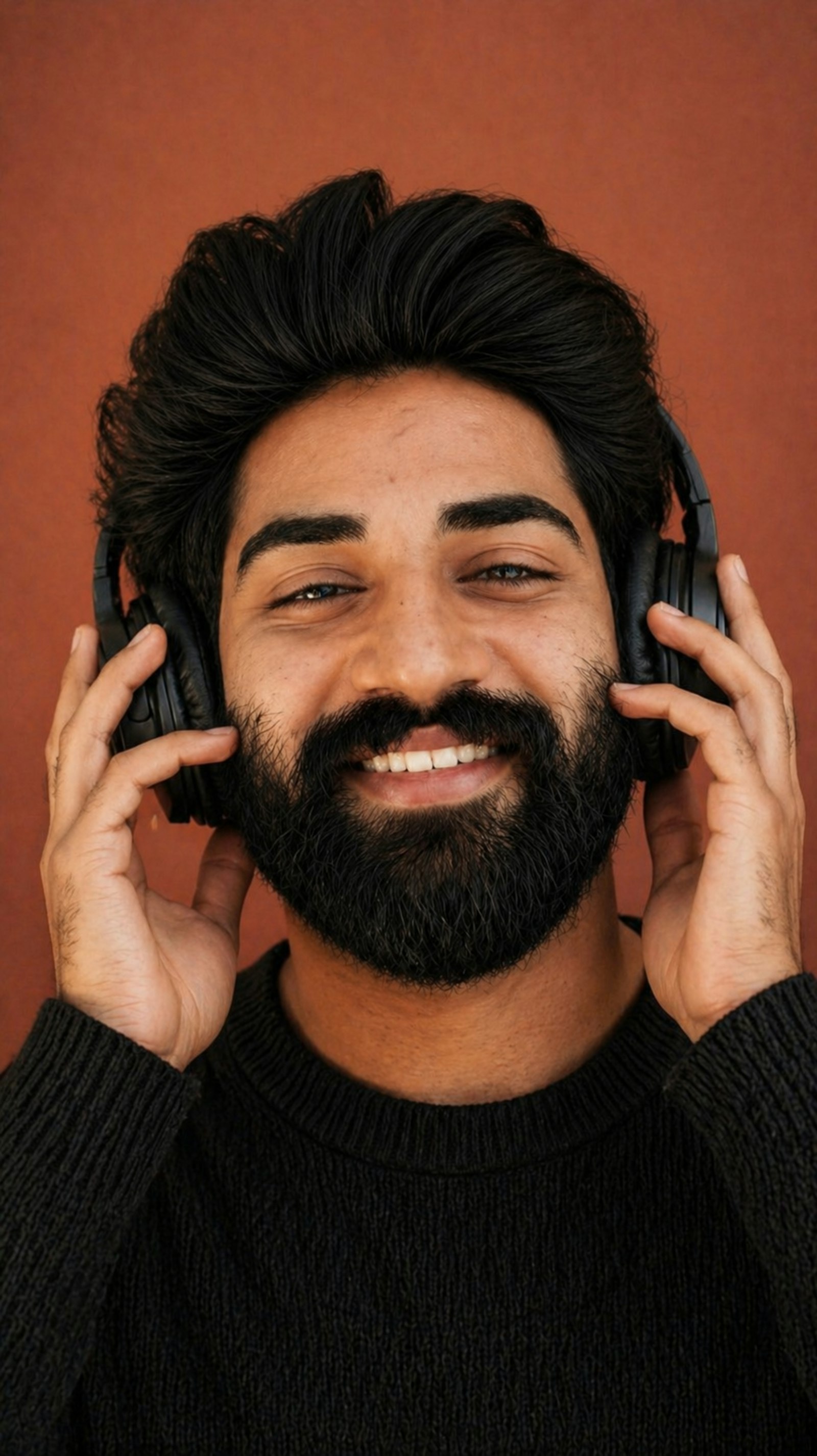 Smiling man with a beard wearing headphones